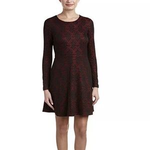 Kensie Red & Black Dress 3/4 Sleeves Lace Overlay Dress